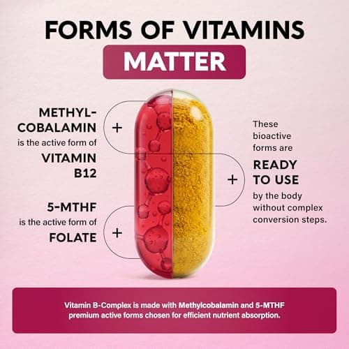 Vitamin B Complex for Men & Women - Riboflavin B2, B12, B1, B3, B5, B6, B7, B8, B9 | Vitamin C, Choline, Inositol - B-Complex Supplement - Energy, Brain & Heart Support - Made in USA, 60 Vegan Caps