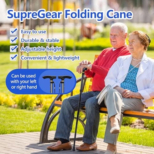 Walking Cane, Folding Cane for Man & Women, Portable Lightweight | 5-Level Adjustable Height, Collapsible Cane for Seniors Balancing Mobility Aid (Black)