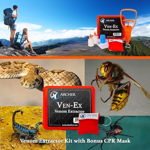 Archer MedTech Ven-Ex Snake Bite Kit & Bee Sting Kit – Portable Venom Extractor for Humans and Dogs with Tourniquet, Bonus CPR Face Shield, Outdoor First Aid for Hiking, Camping & Backpacking