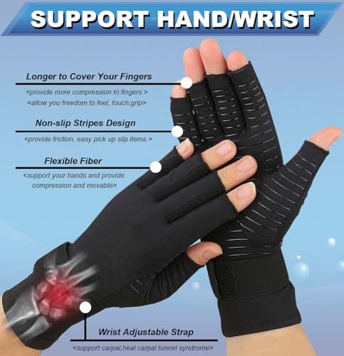 2 Pairs Copper Arthritis Gloves for Carpal Tunnel Pain Relief, Compression Gloves with Adjustable Strap to Alleviate Hand Pains,Fingerless Computer Typing Glove for Rheumatoid Women/Men(Small/Medium)