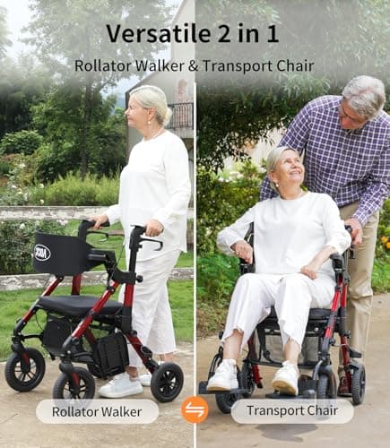 VOCIC Walkers for Seniors, Wheelchairs for Adults, Rollator Walker with Seat, 2 in 1 Rollator Transport Chair with Brakes, Rollator Lightweight Foldable, Walker Wheelchair Combo