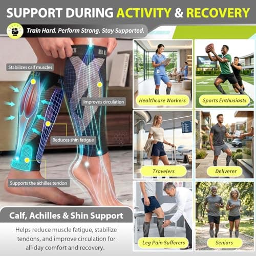 BLITZU Calf Compression Sleeves for Men and Women. Footless Compression Socks Support for Varicose Vein, Nursing, Running. Leg Sleeve Brace for Shin Splints, Pain Relief & Reduces Swelling Black L-XL
