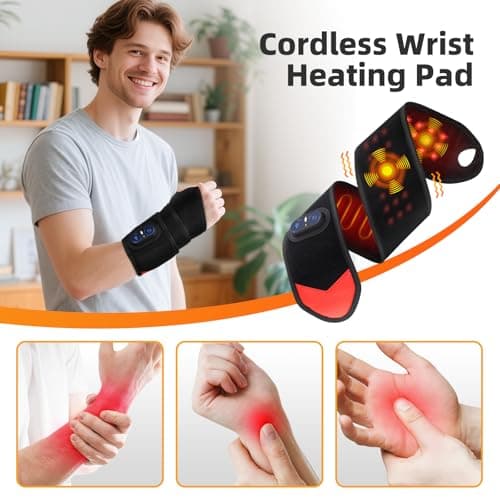 Cordless Wrist Hand Heating Pad Massage for Pain Relief, Rechargeable Heated Wrist Brace for Carpal Tunnel, Red Light Therapy Heated Wrist Massager Wrap for Arthritis, Black