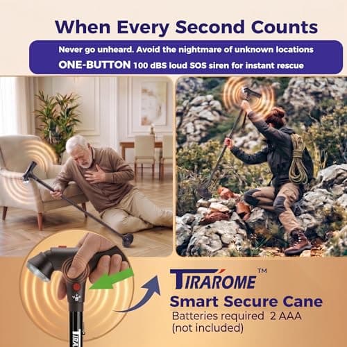 Walking Cane for Men & Women, 3-in-1 Folding Cane with Alarm and Light, Adjustable, Collapsible Walking Stick for Seniors Balance with a Second Handle, Tailored for 5'7" to 6'3"