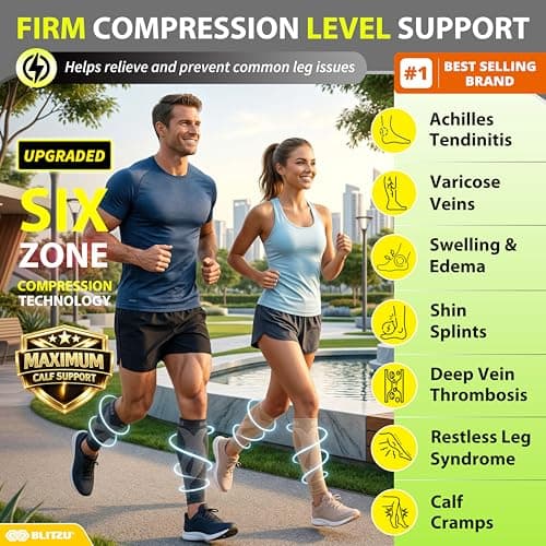 BLITZU Calf Compression Sleeves for Men and Women. Footless Compression Socks Support for Varicose Vein, Nursing, Running. Leg Sleeve Brace for Shin Splints, Pain Relief & Reduces Swelling Black L-XL