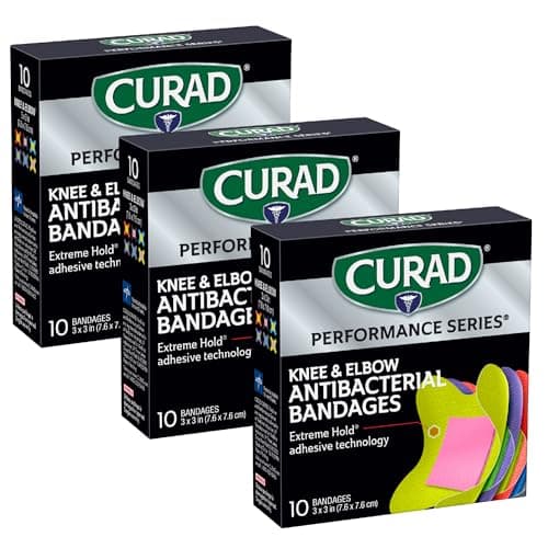 CURAD Performance Series Antibacterial Bandages, Extreme Hold Adhesive Technology, Knee & Elbow 3 inches x 3 inches, 10 Count, Ideal for Cuts, Scrapes, Sports, and Active Lifestyles, Pack of 3