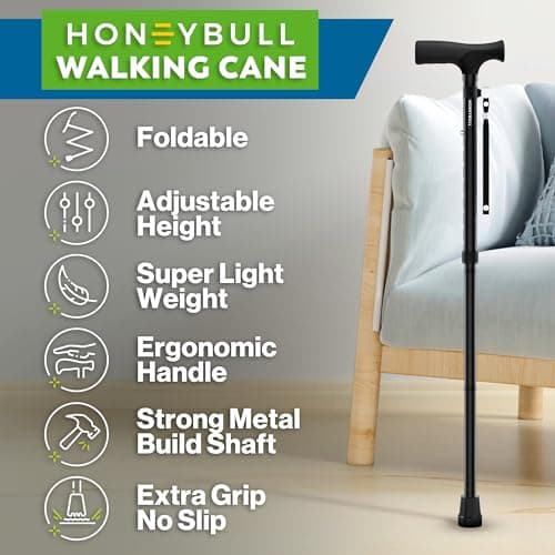 HoneyBull Walking Cane | Single Tip Canes for Men & Women, Foldable, Adjustable, Heavy Duty Up to 250 Pounds, Walking Canes for Seniors (Black)