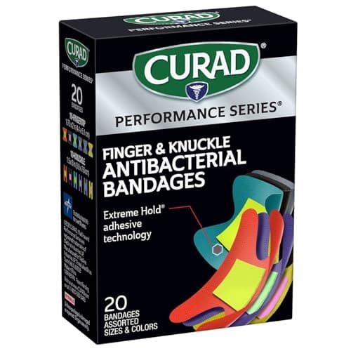 Curad Performance Series Fingertip and Knuckle Antibacterial Bandages, Extreme Hold Adhesive Technology, Fabric Bandages, 20 Count