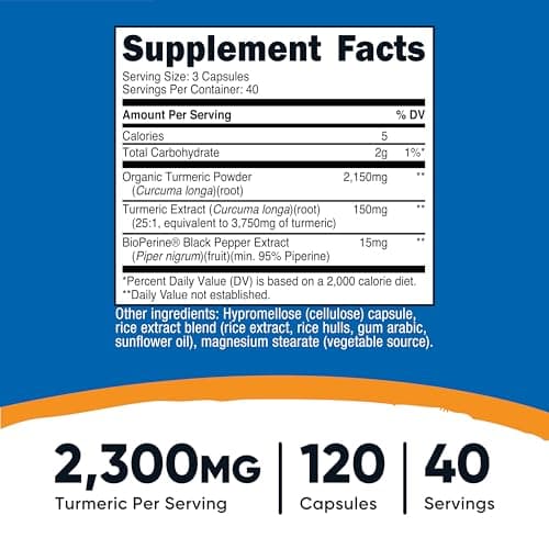Nutricost Turmeric Curcumin with BioPerine and 95% Curcuminoids, 2300mg, 120 Capsules, Veggie Capsules, 767mg Per Cap, 40 Servings, Gluten Free, Non-GMO