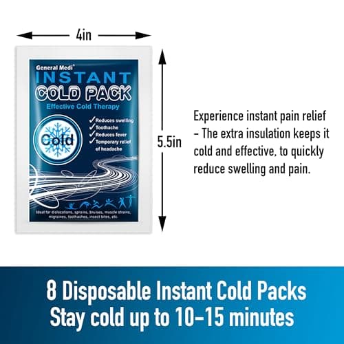 General Medi Instant Ice Cold Pack (4”x 5.5”) – 8 Packs Disposable Cold Therapy Ice Packs for Pain Relief, Swelling, Inflammation, Sprains, Toothache – for Athletes & Outdoor Activities