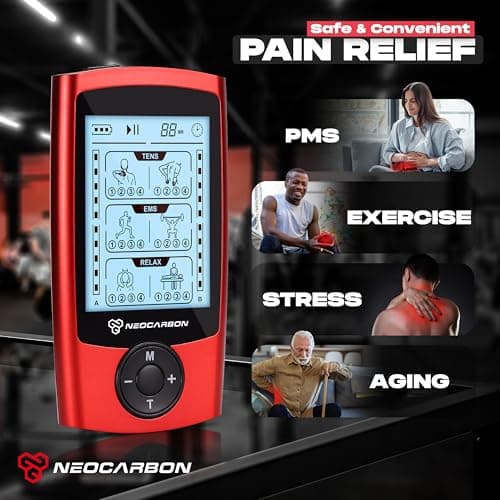 NEOCARBON TENS Unit Muscle Stimulator, EMS Massager Machine for Shoulder, Neck, Sciatica and Back Pain Relief, Electronic Pulse Massage Physical Therapy, Red