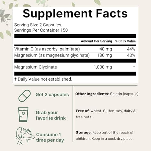 Pure Magnesium Glycinate 1,000mg, 300 Capsules | 100% Chelated for Max Absorption | Enhanced with Vitamin C | Only Uses Active Ingredients