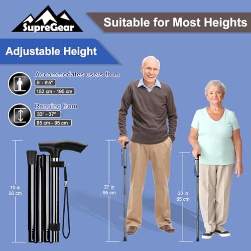 supregear Folding Cane, 5-Level Adjustable Height Walking Stick Lightweight Collapsible Portable Travel Cane with Wrist Strap and T Handle for Elderly Disabled Men Women, Black