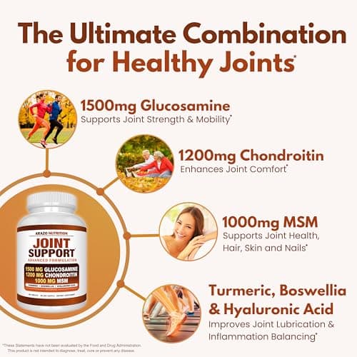 Arazo Nutrition Glucosamine Chondroitin Turmeric Msm Boswellia - Joint Support Supplement for Relief for Bones, Back, Knees, Hands (180 Tablets)