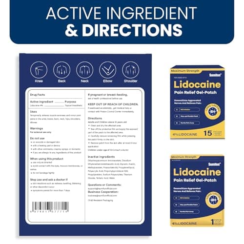 Sumifun 4% Lidocaine Pain Relief Patches 15 Counts Maximum Strength Numbing Gel Patch for Back Knee Neck Joint Ache Muscle Soreness Topical Analgesic