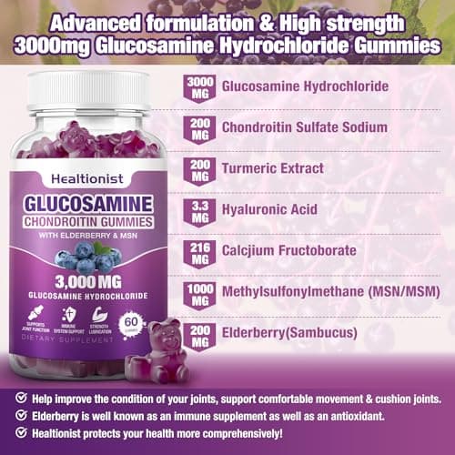 Healtionist 2 Packs 3000mg Glucosamine Chondroitin Gummies with MSM & Elderberry - Extra Strength Joint Health, Flexibility, Antioxidant Immune Support Supplement Gummy for Adults, Men & Women 120 Cts