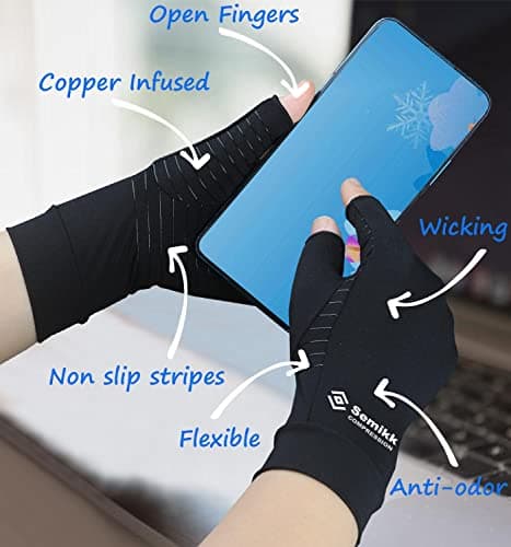 2 Pairs Compression Gloves for Women and Men, Fingerless Copper Arthritis Gloves for Rheumatoid Arthritis Osteoarthritis Carpal Tunnel, Hand Pain Relief and Support, Open Finger (Black, Medium)
