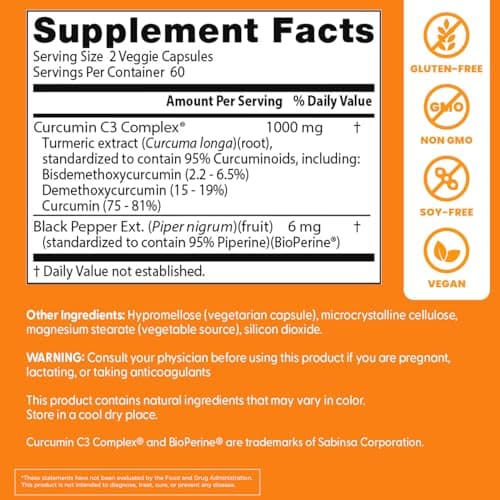 Doctor's Best Turmeric Curcumin Supplement 1000mg for Men & Women - Curcumin Caps from Turmeric Root, Black Pepper Extract (BioPerine), 95% Piperine, Joint Health Support, Non GMO - 120 Veg Capsules