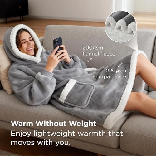 Bedsure Blanket Hoodie, Wearable Blanket Hoodie as Gifts for Mom, Birthday Gifts for Women Kids Teens Mother's Day Sherpa Sweatshirt, Grey, Standard