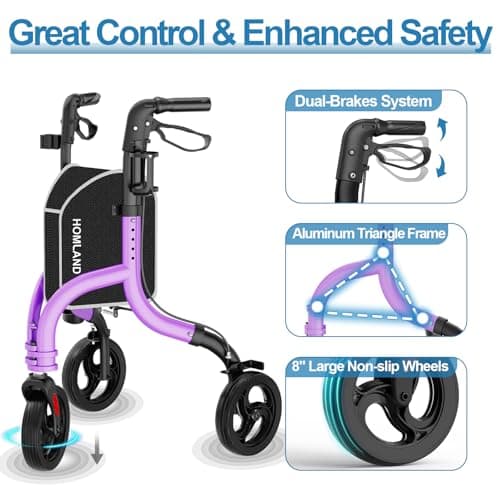 HOMLAND 3 Wheel Walkers for Seniors, Foldable Wheeled Rollator with Cane Hold and Cup Hold, Lightweight Three Wheel Rolling Walker Height Adjustable for Seniors
