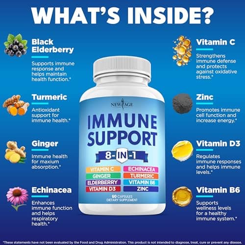 NEW AGE 8 in 1 Immune Support Booster Supplement with Echinacea, Vitamin C and Zinc 50mg, Vitamin D 5000 IU, Turmeric Curcumin & Ginger, B6, Elderberry 120 Count (Pack of 2)
