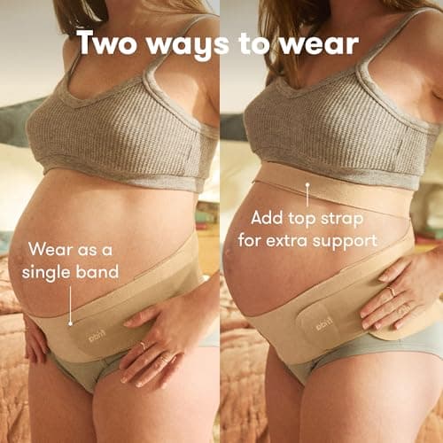 Frida Mom Dual Support Pregnancy Belly Band S/M, Maternity Belly Band with Ultimate Support Back, Hip & Pelvic, Adjustable, Lightweight, Breathable & Comfy, Supports Bump as Baby Grows, Clay