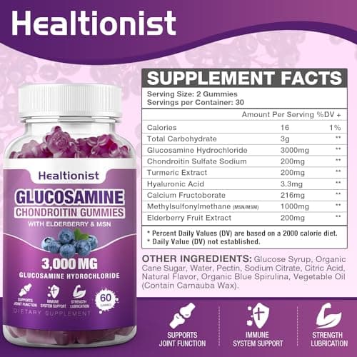 Healtionist 2 Packs 3000mg Glucosamine Chondroitin Gummies with MSM & Elderberry - Extra Strength Joint Health, Flexibility, Antioxidant Immune Support Supplement Gummy for Adults, Men & Women 120 Cts
