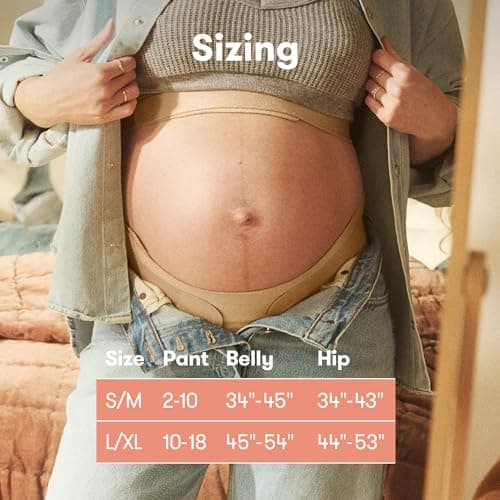 Frida Mom Dual Support Pregnancy Belly Band S/M, Maternity Belly Band with Ultimate Support Back, Hip & Pelvic, Adjustable, Lightweight, Breathable & Comfy, Supports Bump as Baby Grows, Clay