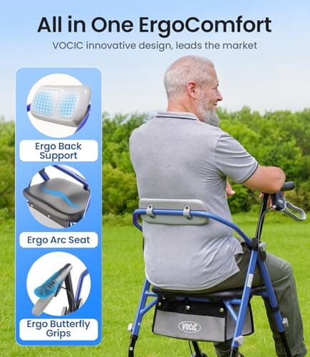 VOCIC Walkers for Seniors, Z11 Rollator Walker with Seat, Max 380 lbs, Avant Walkers with Ergo Seat & Backrest, Foldable Rollator Adjustable Height, All Terrain Walker, Lightweight