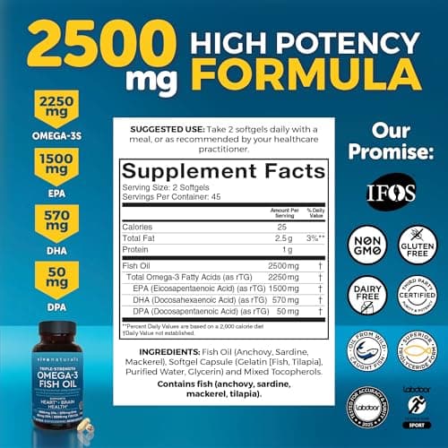 Viva Naturals Triple Strength Omega 3 Fish Oil Pills – 2500 mg High-Potency Formula with 2250 mg Omega 3 Fatty Acids (Including EPA, DHA, DPA) in rTG Form for Absorption – IFOS Certified, 90 Softgels