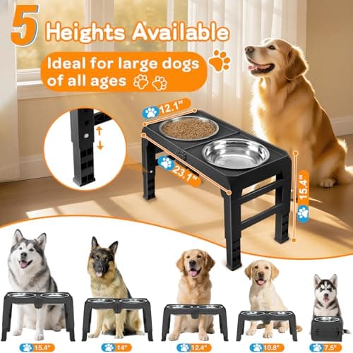 Elevated Dog Bowls for Large Dogs 5 Adjustable Heights 7.5"-15.4", 2 X-Large 10” Stainless Steel Bowls, Heavy Duty Raised Dog Bowl Stand Foldable Pet Feeder for Dogs Shoulder Height Over 15”, Black