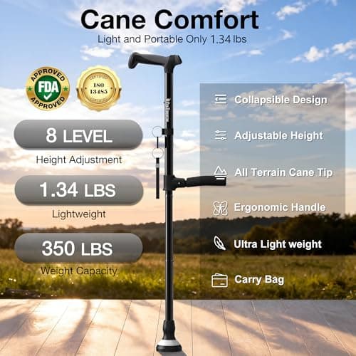 Adjustable Walking Cane for Men & Women for Stability,Foldable walking canes with Second Handle for standing,350lbs Heavy Duty,All Terrain,Collapsible Walking Sticks for Seniors & Adults,Black