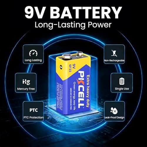 PKCELL 9 Volt Battery, 2 Pack 9V Batteries for Smoke Detector, Alarms, 6F22 Square Battery Long Lasting