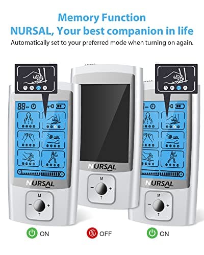 NURSAL 24 Modes TENS Unit Muscle Stimulator with Continuous Stimulation, Rechargeable Electronic Pulse Massager with 8 Pads for Back and Shoulder Pain Relief and Muscle Strength (Silver)