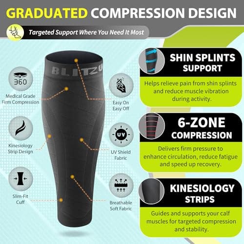 BLITZU 3 Pairs Calf Compression Sleeves for Men and Women. Footless Compression Socks & Leg Support for Running, Travel, Nursing, Fitness. Shin Splints Pain Relief & Reduce Swelling Black L-XL