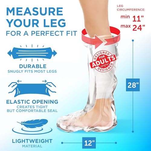 100% Waterproof Cast Covers for Shower Leg - 2pk - Tight Seal - Reusable Adult Half Leg Cast Protectors - Knee, Ankle, Foot - After Surgery Bandage and Dressing Cast Bag for Wounds and Burns