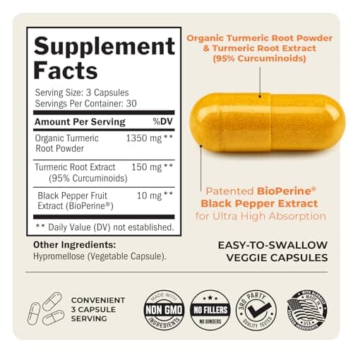 Turmeric Curcumin with Black Pepper Extract 1500mg - High Absorption Ultra Potent Turmeric Supplement with 95% Curcuminoids and BioPerine - Non GMO Tumeric Capsules for Joint Support - 90 Capsules
