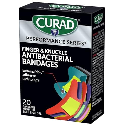 Curad Performance Series Fingertip and Knuckle Antibacterial Bandages, Extreme Hold Adhesive Technology, Fabric Bandages, 20 Count