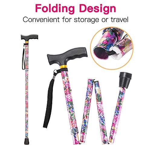 Walking Cane LIXIANG Cane for Woman | Mobility & Daily Living Aids | 5-Level Height Adjustable Walking Stick | Comfortable Plastic T-Handle Pink Print