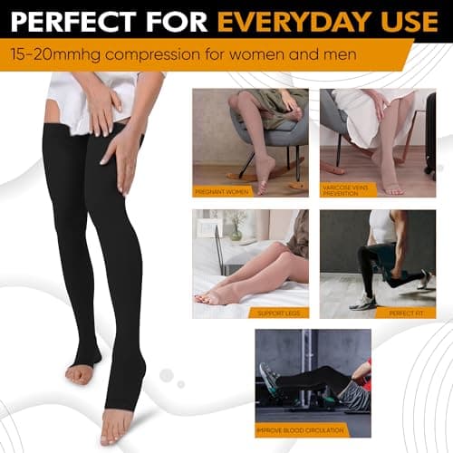 Doc Miller Thigh High Open Toe Compression Stockings 15-20mmHg for Varicose Veins, Pregnancy Support Open Toe Thigh High Compression Socks for Women and Men (Black, Large)