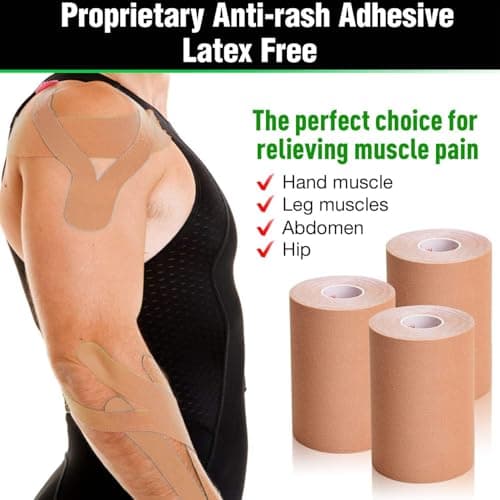 Gsbomzap 3 Pack Kinesiology Tape, 4in x 5.5yd Water Resistant Muscle Support Adhesive Sport Tape for Pain Relief, Latex Free Cotton Elastic Athletic Tape for Joints, Knee, Ankle, Shoulder, Wrist