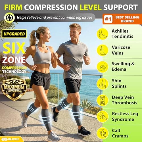 BLITZU 3 Pairs Calf Compression Sleeves for Men and Women. Footless Compression Socks & Leg Support for Running, Travel, Nursing, Fitness. Shin Splints Pain Relief & Reduce Swelling Black L-XL