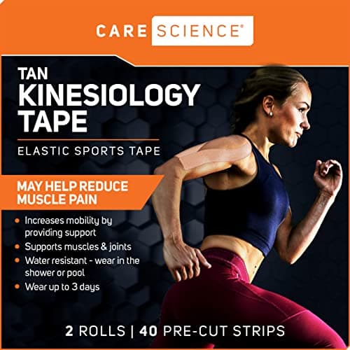 Care Science Waterproof Kinesiology Tape, Precut Water Resistant Strips, Elastic Athletic Tape for Sports & Weightlifting, Supports Muscles & Joints, Muscle Strain Relief, Tan, 2 Rolls, 40 Count