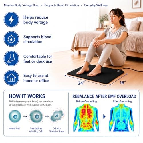 EARTHVERA Grounding Mat for Feet, Sleep Improvement & Pain Relief – 24"×16" Conductive Carbon Earthing Pad with Multimeter for Body Voltage Testing – Inflammation Relief, Stress Reduction – Grounding Mat for Bed, Desk, Office | 15ft Cord Included