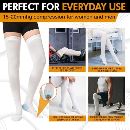 Doc Miller TED Hose Thigh High Anti Embolism Stockings for Women & Men, Hospital Style Surgical Stockings, Plus Size White Compression Socks 15-20mmHg, Support Hose with Inspection Hole (XL)