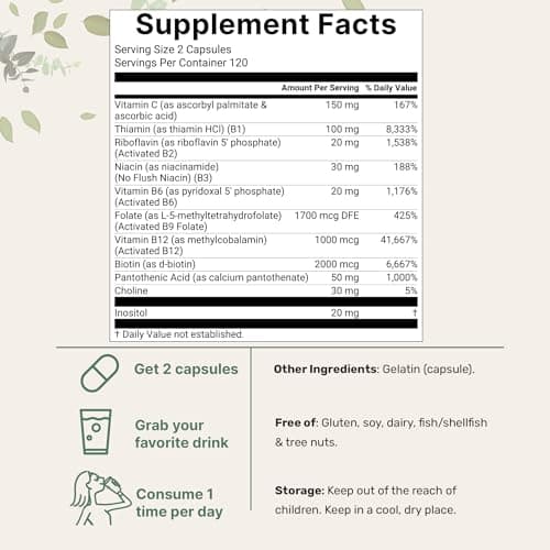 Micro Ingredients Pure Methylated B Complex, 240 Capsules | 11-in-1 Formula with Methylfolate, B12, Thiamin, Inositol, Choline, & Fat Soluble Vitamin C | Clean Ingredients Without Fillers | Non-GMO