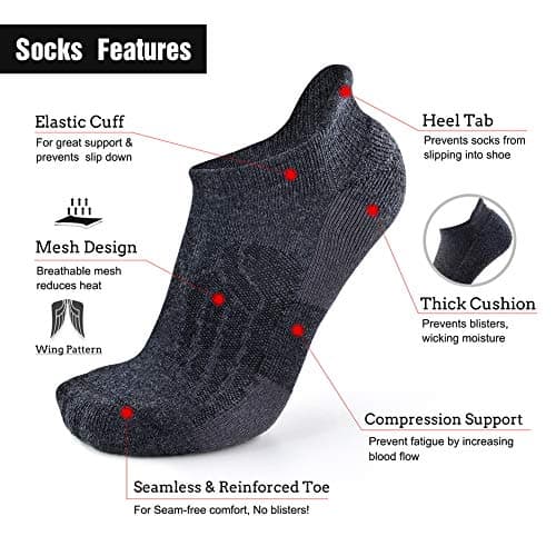 Busy Socks Ankle Hiking Socks Merino Wool for Men Women, No Show Merino Wool Dress Performance Support Athletic Cushion Tab Socks, Dark Grey, Large, 6 Pairs