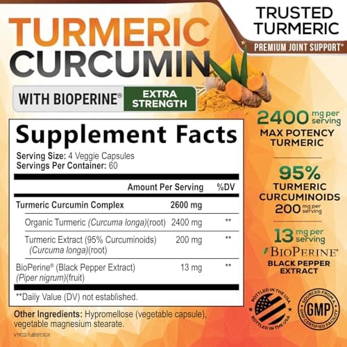 Turmeric Curcumin Supplement - 2400mg Organic Turmeric Per Serving - 95% Curcuminoids & BioPerine Black Pepper Extract for Best Absorption - Natural Vegan Joint Support, Bottled in USA - 240 Capsules